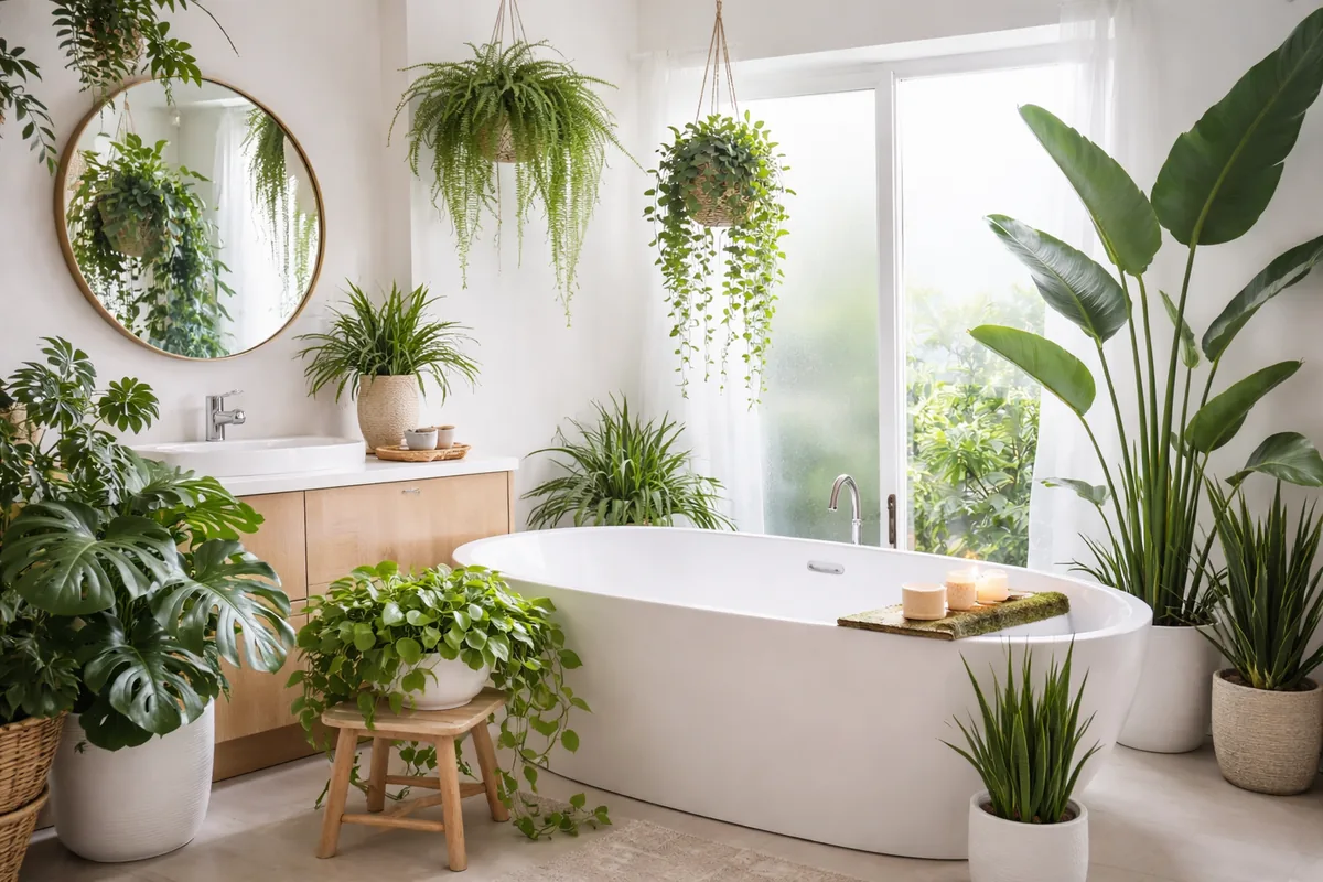 Which plants thrive in high humidity bathroom environments