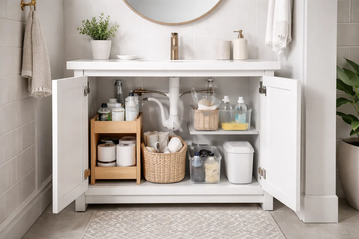 How to organize under-sink storage in a tiny bathroom